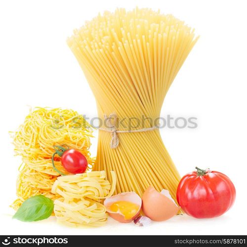 Spaghetti, tonarelli and tagliatelle pasta with raw tomatoes and egg on white background