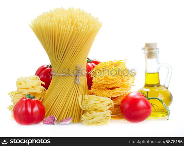 Spaghetti, tonarelli and tagliatelle pasta with raw tomatoes and olive oil isolated on white background