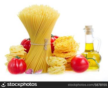 Spaghetti, tonarelli and tagliatelle pasta with raw tomatoes and olive oil isolated on white background