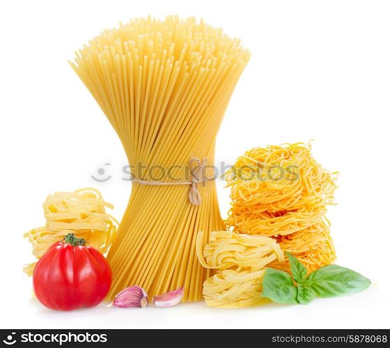 Spaghetti, tonarelli and tagliatelle pasta with raw tomatoes isolated on white background