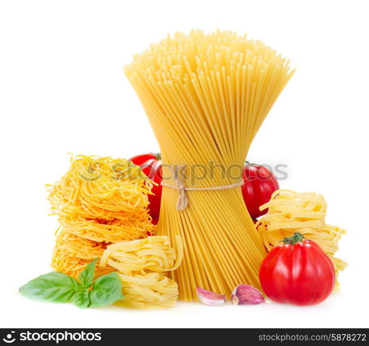 Spaghetti, tonarelli and tagliatelle pasta with raw tomatoes isolated over white background