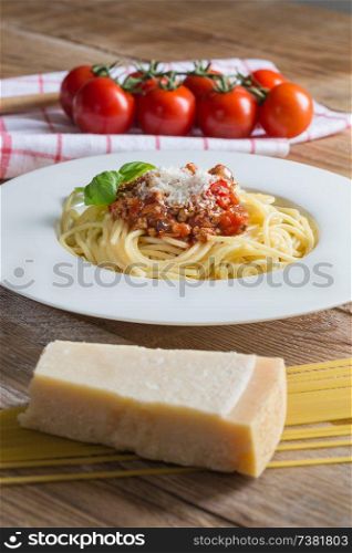 Spaghetti with Bolognese Sauce Parmesan and basil.. Spaghetti with Bolognese Sauce Parmesan and basil