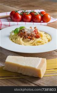 Spaghetti with Bolognese Sauce Parmesan and basil.. Spaghetti with Bolognese Sauce Parmesan and basil