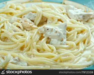 Spaghetti with chicken in a creamy sauce