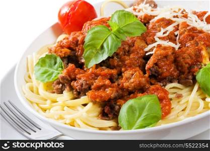 spaghetti with meat sauce on white background