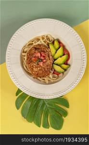 Spaghetti with minced meat and vegetables , tomato sauce. Spaghetti with minced meat and vegetables