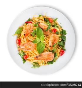 Spaghetti with prawns isolated on a white background