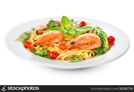 Spaghetti with prawns isolated on a white background