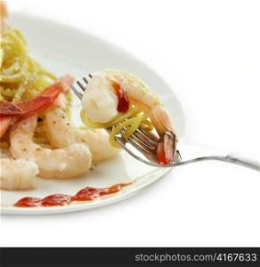 Spaghetti With Shrimps ,Close Up Shot