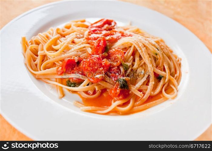 spaghetti with spicy tomato sauce on white plate