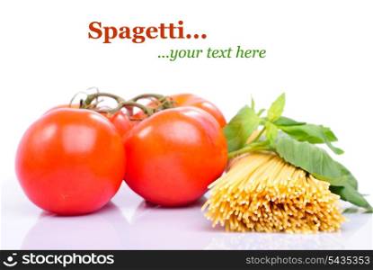 Spaghetti with tomatoes and basil isolated on white