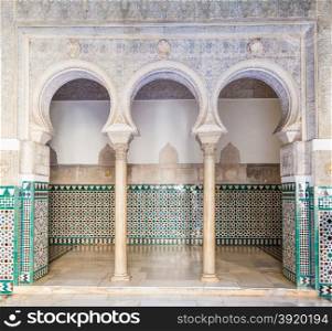 Spain, Andalusia Region. Detail of Alcazar Royal Palace in Seville.