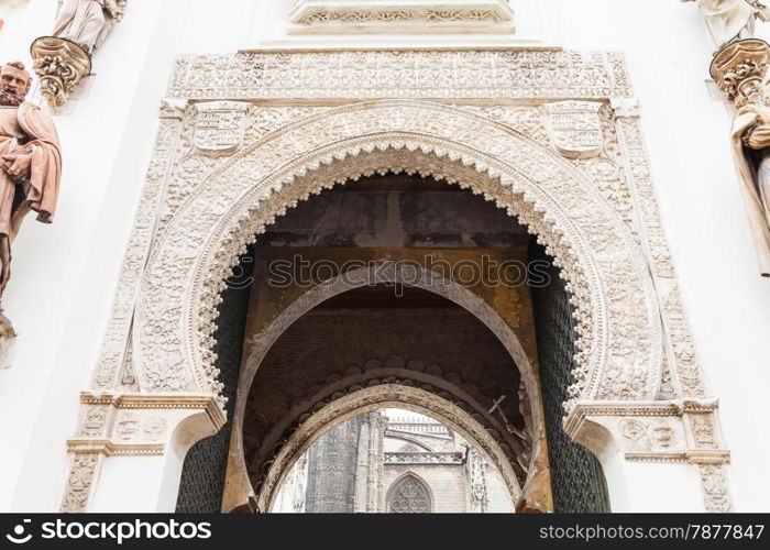 Spain, Andalusia Region. Detail of Alcazar Royal Palace in Seville.