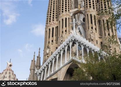 Spain Barcelona November 14, 2022. Facade of the Sagrada Familia built by the architect Antonio Gaudi in the city center close-up