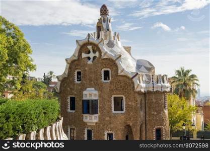 Spain Barcelona November 14, 2022 .park guell landmark built by the architect Gaudi in the city center with mosaics and gingerbread houses