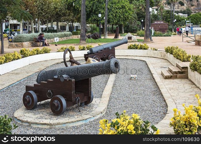 Spain, Blanes - 09/16/2017: - Old guns in the square
