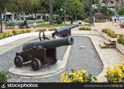 Spain, Blanes - 09/16/2017: - Old guns in the square