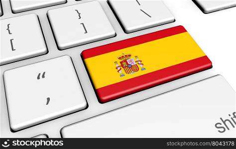 Spain digitalization and use of digital technologies with the Spanish flag on a computer key.