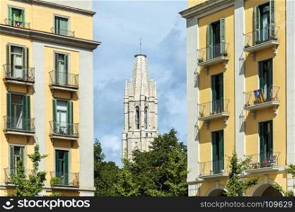 Spain, Girona - 18.09.2017: The bell tower of the cathedral
