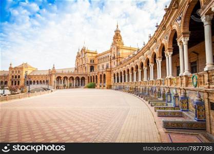 Spain, Seville. Spain Square, a landmark example of the Renaissance Revival style in Spanish architecture