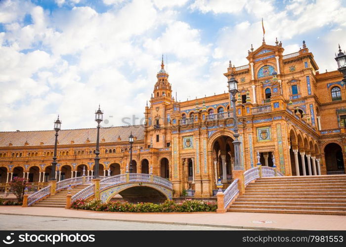 Spain, Seville. Spain Square, a landmark example of the Renaissance Revival style in Spanish architecture