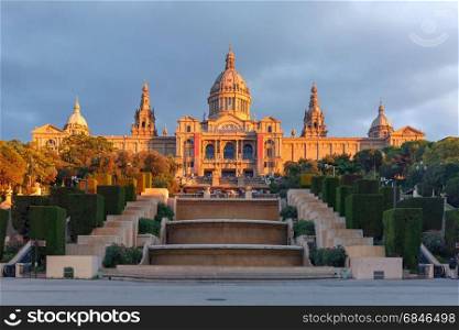 Spain square or Placa De Espanya, Barcelona, Spain. Spain square or Placa De Espanya in the golden hour at sunset, with the National Museum, in Barcelona, Spain