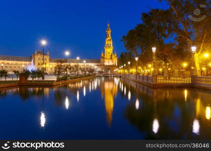 Spain Square or Plaza de Espana in Seville at night, Andalusia, Spain