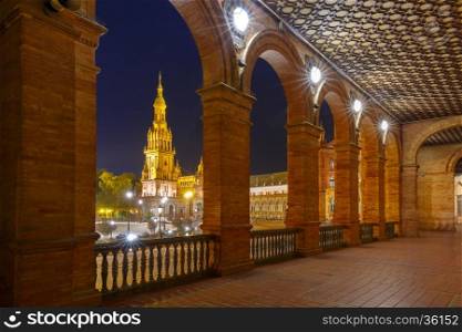 Spain Square or Plaza de Espana in Seville at night, Andalusia, Spain