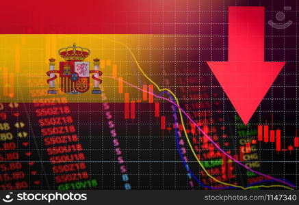 Spain Stock Exchange market crisis red market price down chart fall / Stock analysis or forex charts graph Business and finance money crisis red negative drop in sales economic fall