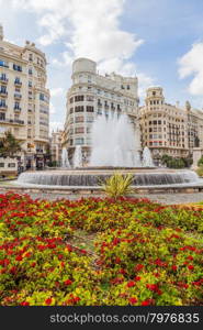 Spain, Valencia. Panorama of Plaza de Ayuntamiento