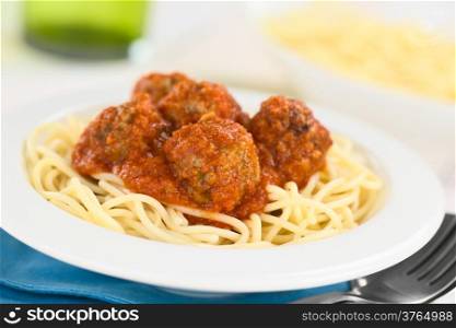 Spanish albondigas (meatballs) in tomato sauce on spaghetti served in bowl (Selective Focus, Focus on the meatball in the front)