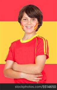 Spanish boy with t-shirt team and Spain flag of background