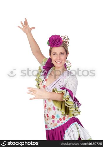 Spanish girl dressed in traditional costume Andalusian dancing isolated on white background