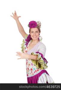 Spanish girl dressed in traditional costume Andalusian dancing isolated on white background