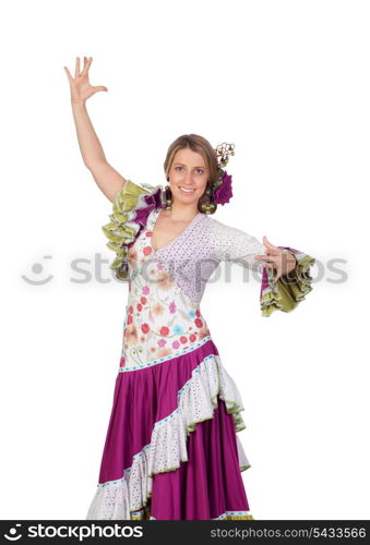 Spanish girl dressed in traditional costume Andalusian dancing isolated on white background