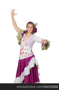 Spanish girl dressed in traditional costume Andalusian dancing isolated on white background