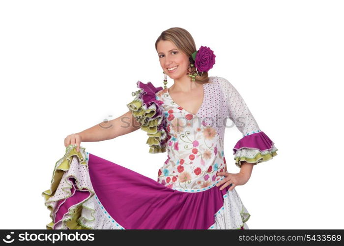 Spanish girl dressed in traditional costume Andalusian dancing isolated on white background