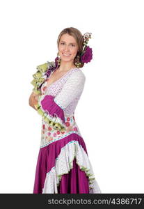 Spanish girl dressed in traditional costume Andalusian isolated on white background