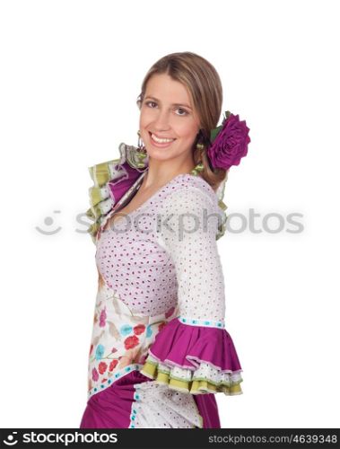 Spanish girl dressed in traditional costume Andalusian isolated on white background
