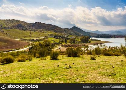 Spanish inland nature landscape. Lake Embalse del Guadalhorce, Ardales Reservoir, Malaga Andalusia, Spain. Andalucia inland landscape, Spain