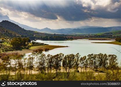 Spanish inland nature landscape. Lake Embalse del Guadalhorce, Ardales Reservoir, Malaga Andalusia, Spain. Andalucia inland landscape, Spain