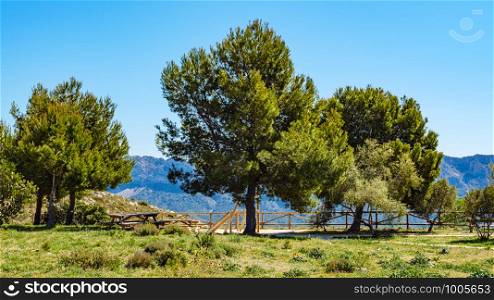 Spanish mountains landscape with rest stop area, Costa Blanca holiday. Rest area in mountains, Spain