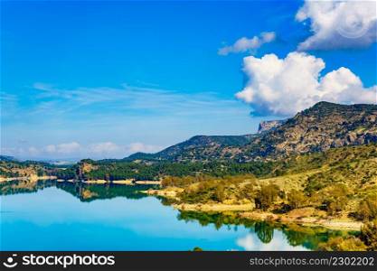 Spanish nature landscape. Embalse del Guadalhorce and surrounding countryside. Ardales Reservoir, Malaga Andalusia, Spain. Spanish nature landscape in Andalucia.