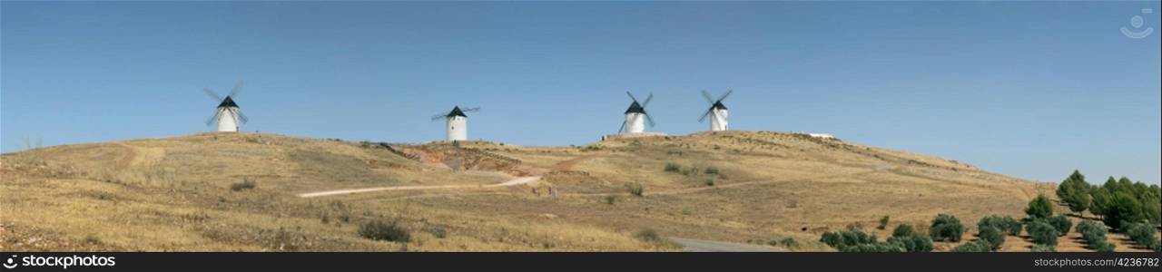 Spanish Old white windmills panoramic