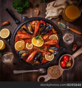 Spanish paella on dark wooden table with ingredients. Generative AI.