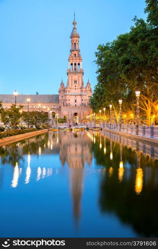 Spanish Square espana Plaza in Sevilla Spain at dusk