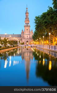 Spanish Square espana Plaza in Sevilla Spain at dusk