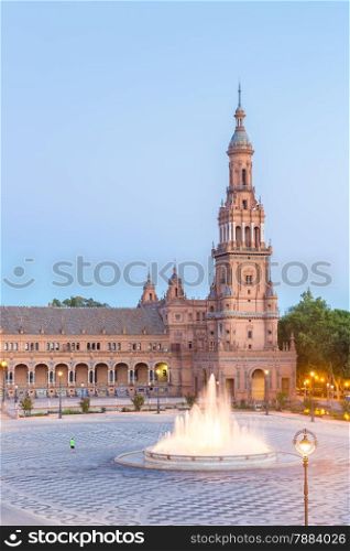 Spanish Square espana Plaza in Sevilla Spain at dusk