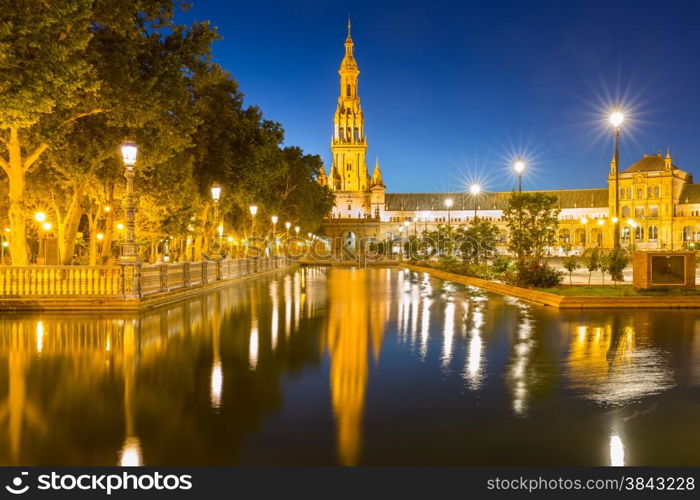 Spanish Square espana Plaza in Sevilla Spain at dusk with its reflection on pond