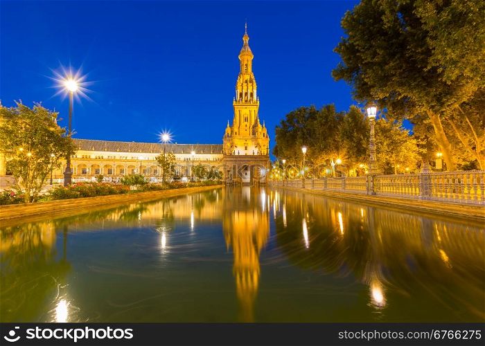 Spanish Square espana Plaza in Sevilla Spain at dusk with its reflection on pond